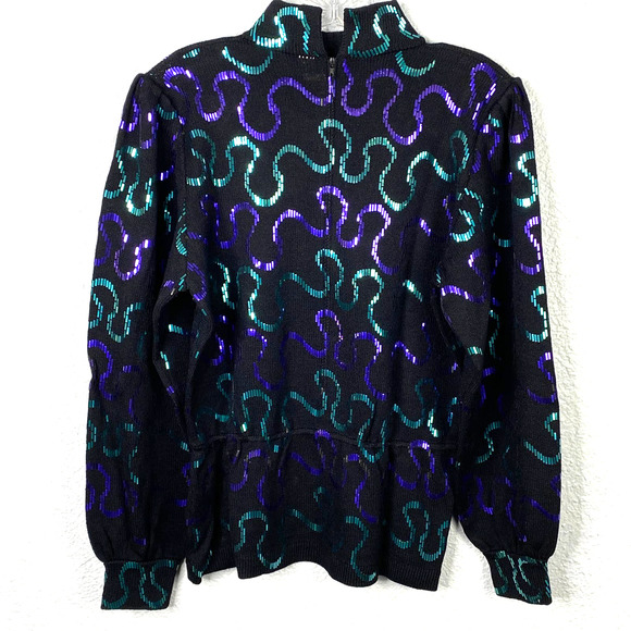 St. John Neiman Marcus Top Size 8 Womens Black with Purple Teal Sequin - Picture 2 of 11